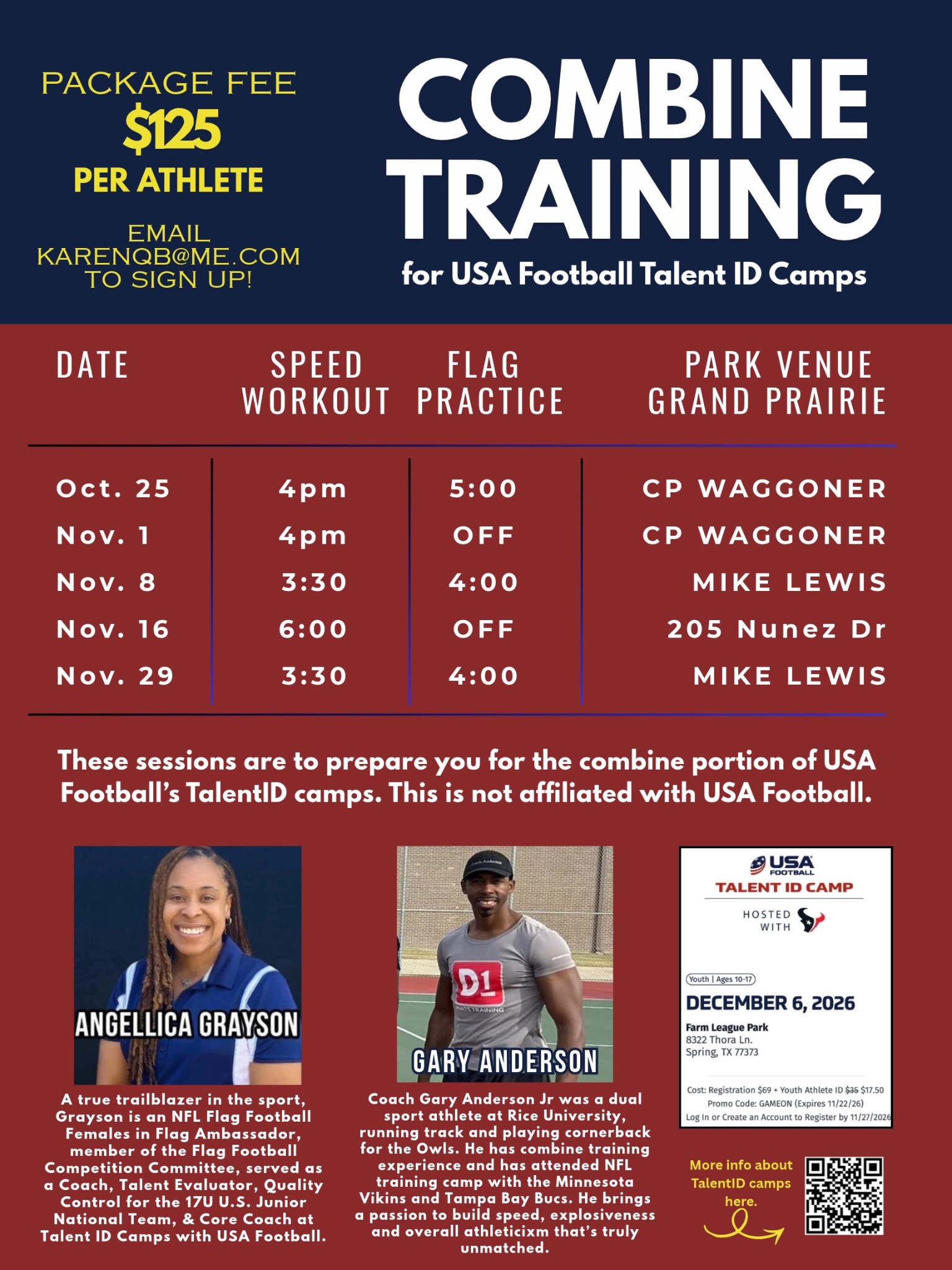 Combine Training flyer with full schedule, coach bios, and TalentID camp details