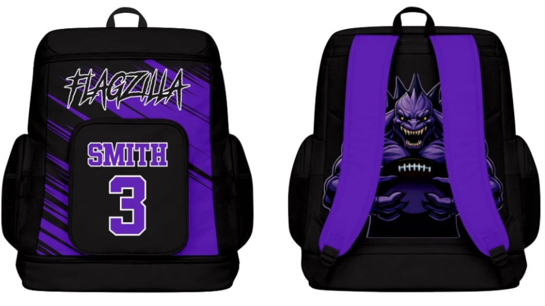 Optional Flagzilla team backpack, front and back, with custom name and number
